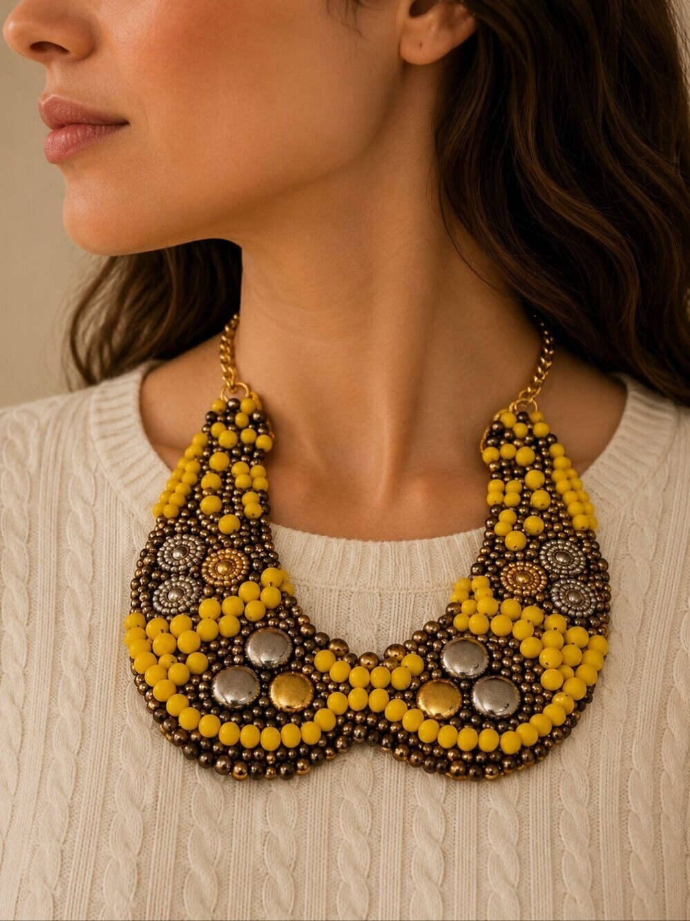 Eliv Mexican Artisan Designer Canary Yellow Bead Woven Bib Festival Necklace